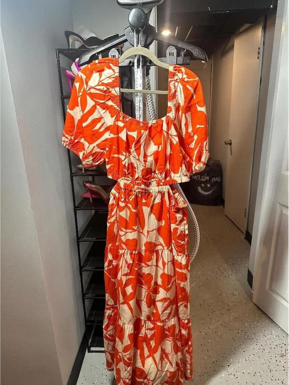 The Drop Orange White Floral Maxi Dress XL Puff Sleeve Smocked Waist Summer Reso - Picture 5 of 6